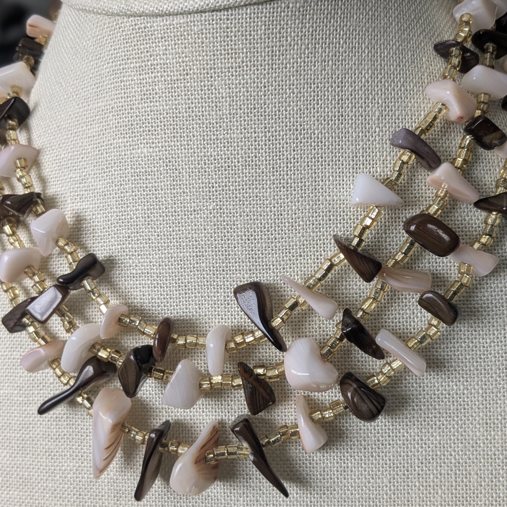 Vintage Boho Mother of Pearl 3 Strand Japan Necklace